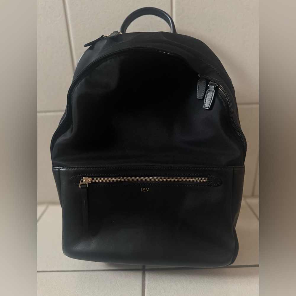 ISM Small Black Leather and Nylon Backpack with Gold Zips